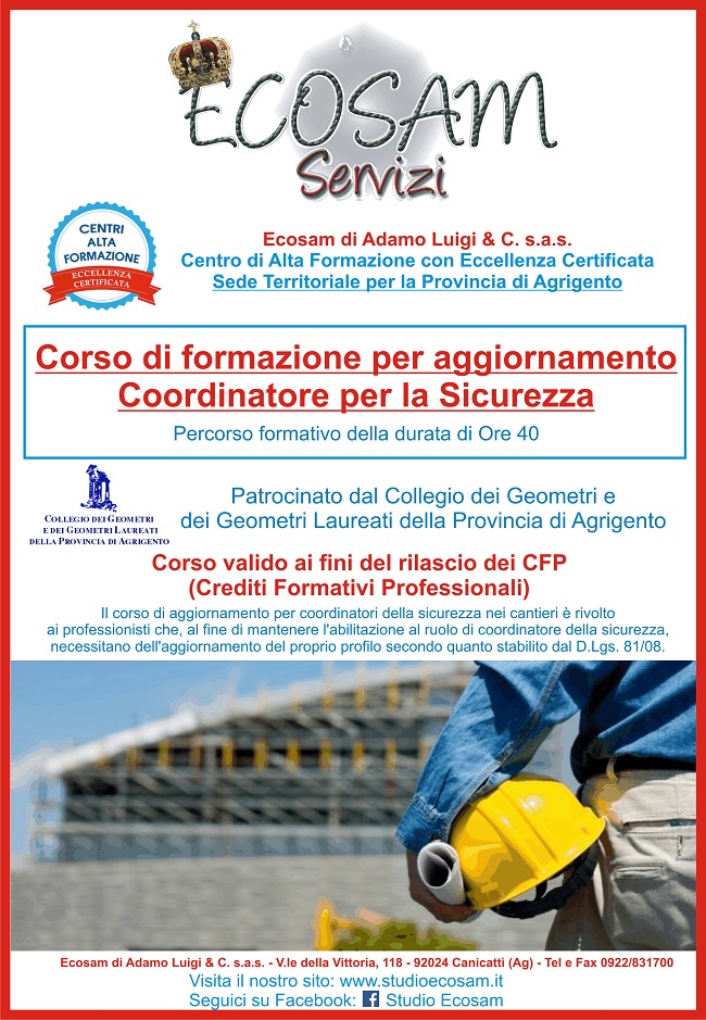 Corso Aggiornamento Coordinatore Per La Sicurezza 40 ORE - Collegio Dei ...